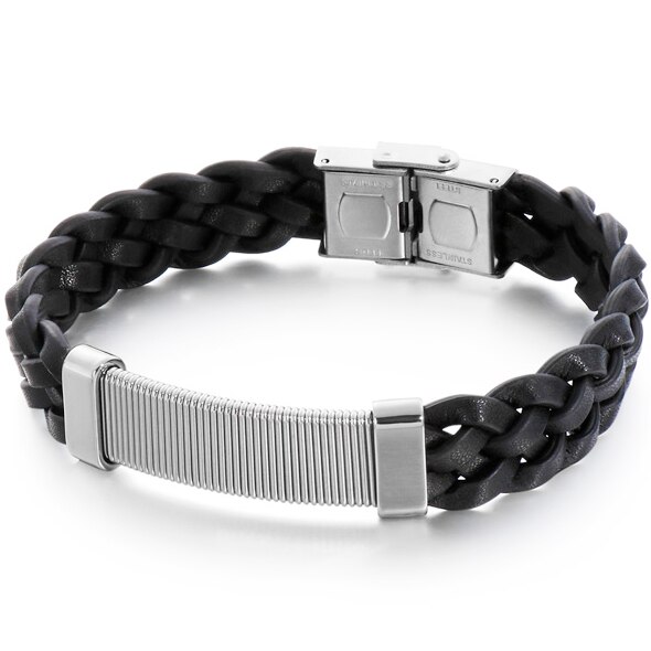Vintage sieraden, gouden roestvrijstalen polsbandjes voor jongens, 13mm brede gevlochten leren armbanden voor mannen, zwarte armbanden: Zilveren kleur