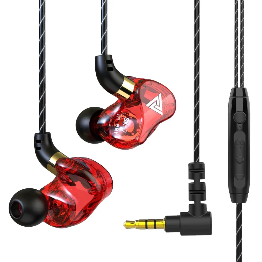 QKZ SK7 Copper Driver HiFi In Ear Wired Earphone Bass Stereo Headphone Noise Cancelling Headset Sport Earbuds 3.5MM With Mic: Red