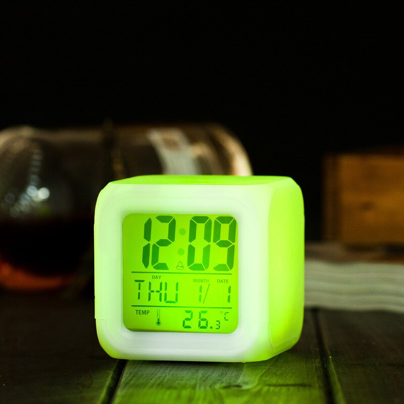 7 Colors Changing LED Alarm Clock Digital Desk Gadget Digital Alarm Thermometer Night Glowing Cube Home Led Clock