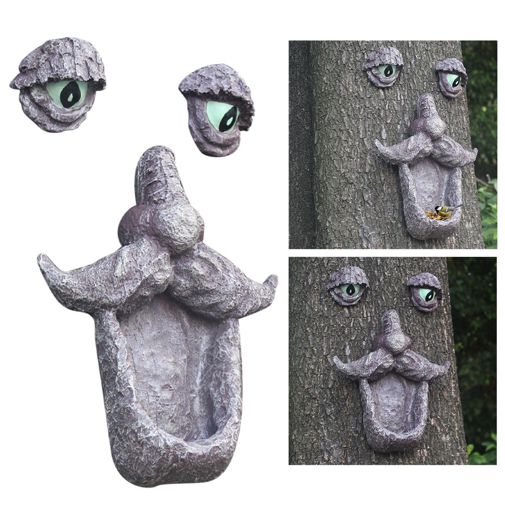 Hand-painted Resin Sculpture Funny Yard Art Garden Decor Crafts Outdoor Tree Face Bird Feeder With Eyes Realistic Old Man