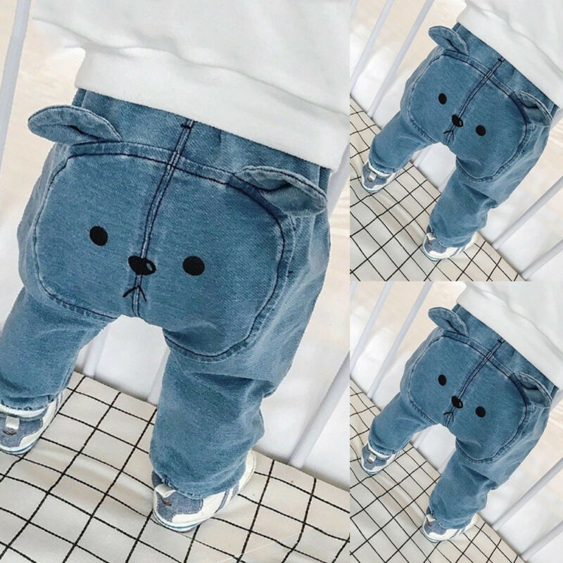 0-3Y Baby Jongen Meisjes Denim Broek Peuter Kid Bear Sweatpant Joggers Elastische Bodems Broek