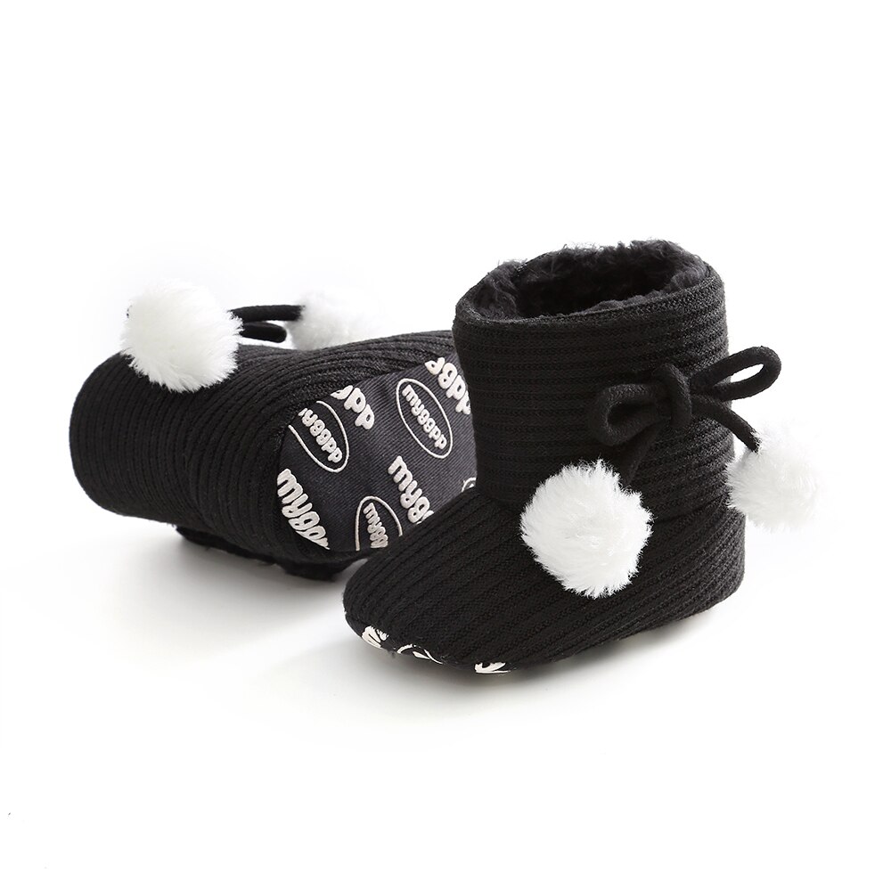 Pasgeboren Baby Snowboots Strik Haar Bal Decoratie Antislip Soft Sole Winter Korte Laarzen Warm Pluche Laarzen Schoenen Voor baby: Black / 0-6 months