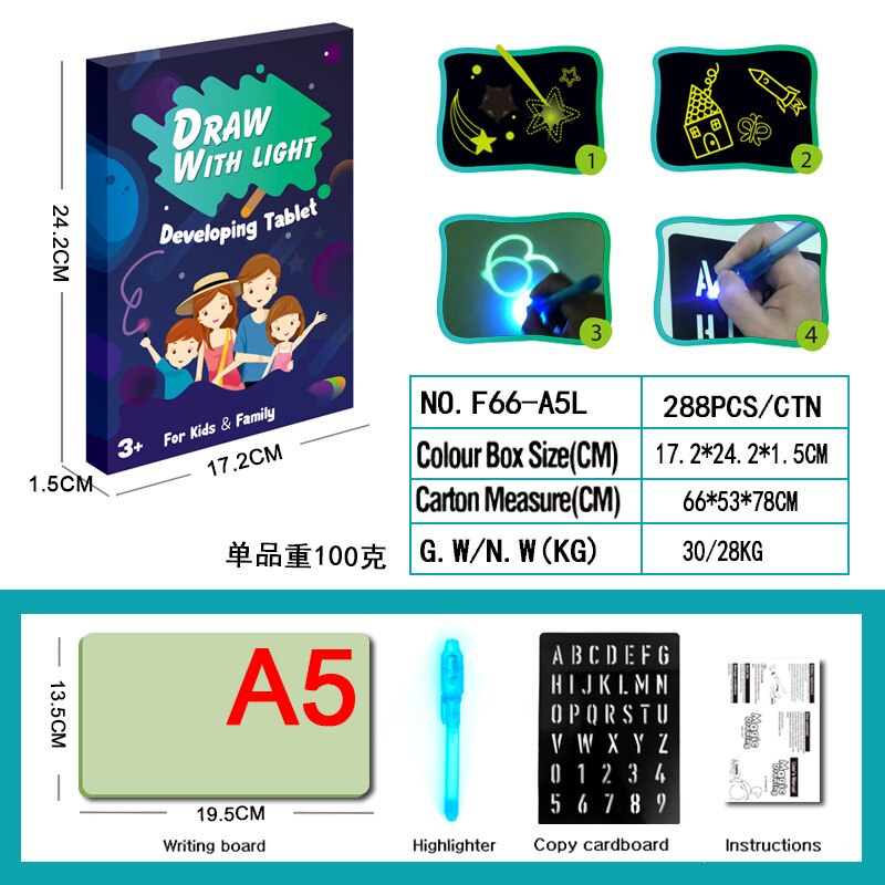 Tavolo da disegno luminoso magico tavoletta giocattolo per bambini disegna In Dark Magic Light-Fun penna fluorescente giocattolo educativo per bambini per bambini: A5 English-A