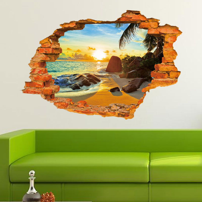3D Beach Sunshine Stickers Decal Art Spiegels Vinyl Muursticker Thuis Kamer Diy Decor Mode Decoratie Verwijderbare 3D Muursticker