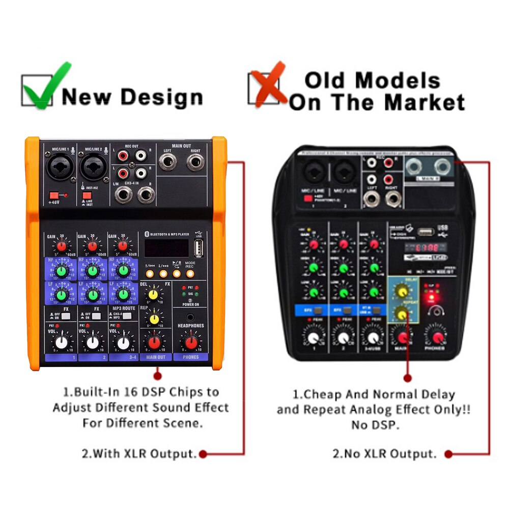 4 Kanaals Audio Mixer Console Met Draadloze Microfoon Sound Mixing Met Bluetooth Usb Mini Dj Mixer Voor Computer Recording