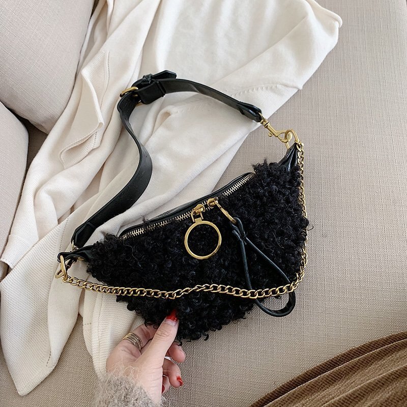 Bolso cruzado con cadena Vintage para mujer, bandolera de lana rizada de PU, con correas anchas para el día,: Black