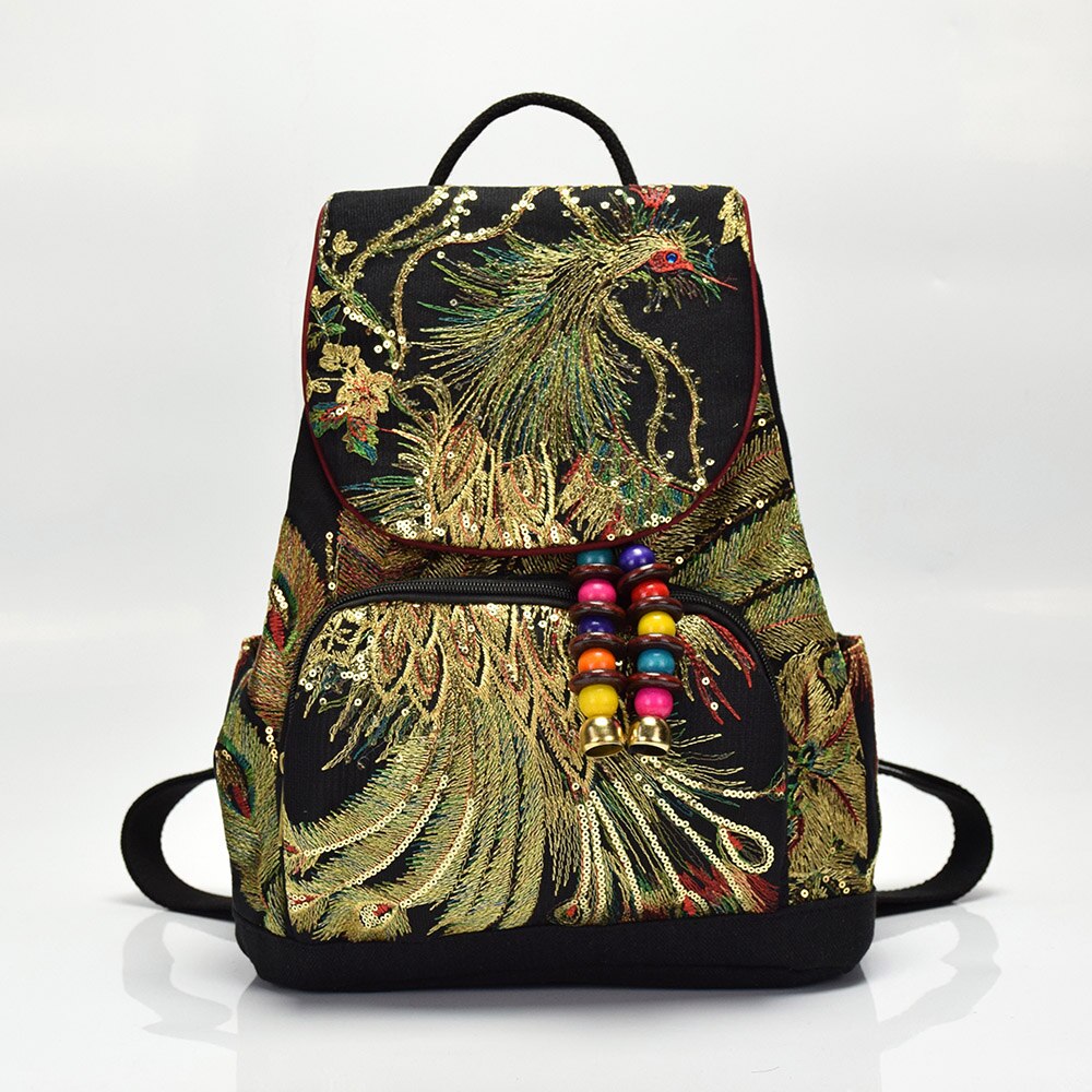 Veowalk phoenix mochilas femininas bordadas de seda, mochilas retrô de verão, mochila feminina traseira artesanal pequena: Preto