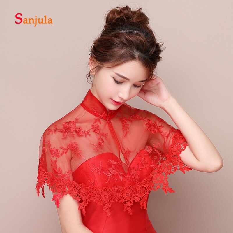 Red Lace High Neck Wedding Bolero Appliques Women Dress Jacket Accessories Bridal Wraps capa novia W09