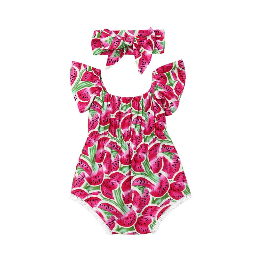 Sommer toddler piger i ét stykke badedragt ærmeløs vandmelon romper jumpsuit pandebånd tøj badetøj: Lyserød / 6 -12 måneder