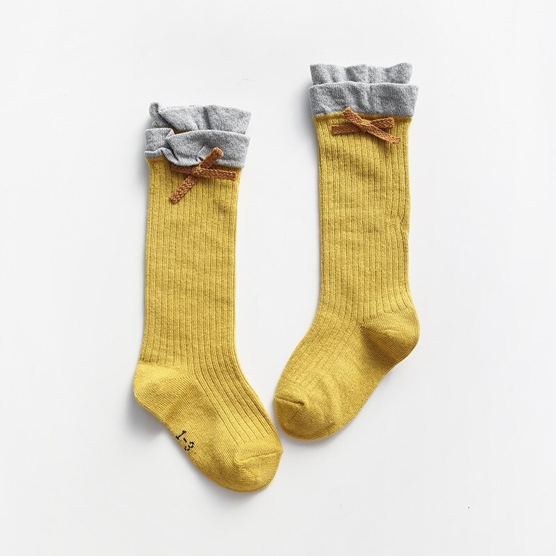 Xia Nvtong Student Socks In Canister Baby Lace Bow Cotton Children Socks 0-5 Year: turmeric / S0 1 age