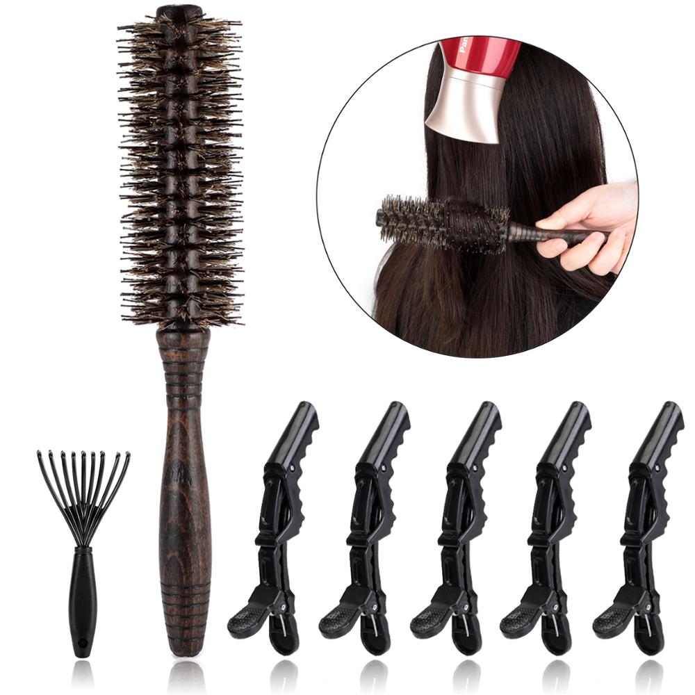 Antistatisk värmebeständig diy vildsvin borst hår curl borste salong trä rund frisör hårborste tillgänglig: M