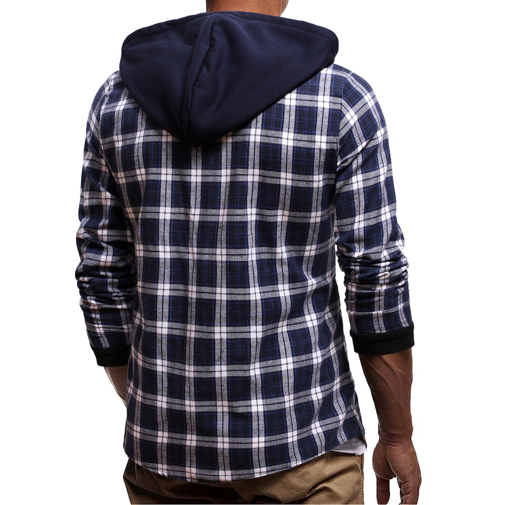 Katoen Hombre Sudaderas Con Capucha Plaid Gedrukt Navy Hooded Shirt Mannen Tops Streetwear Lange Mouwen Hip Hop Shirts