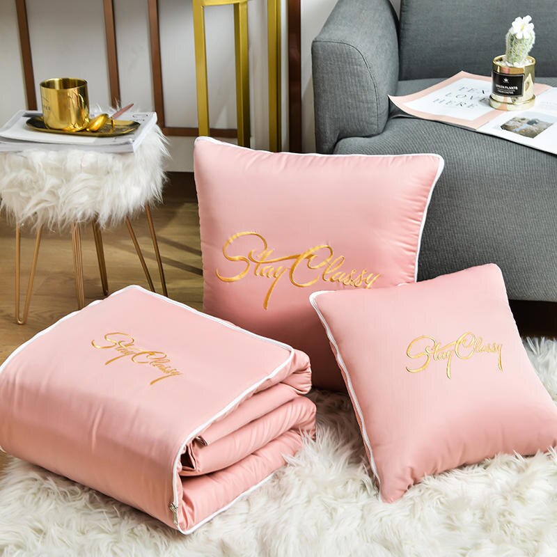 2 in 1 vasket silke bærbare ensfarvede sengetøj til bil sovesofa rygpude pude super blødt fyldt udfoldede fluffy kontortæpper: Lyserød / 150 x 190cm tæppe