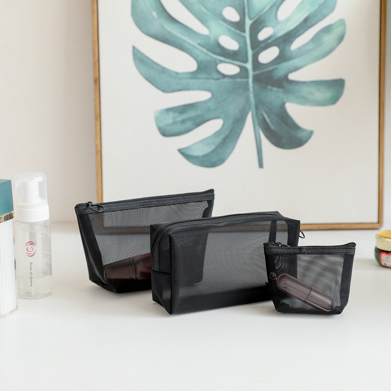 Noir translucide avec fermeture éclair maille respirant Portable trapèze lavage sacs voyage sac cosmétique en Nylon maquillage cas organisateur sac: black 3Pcs
