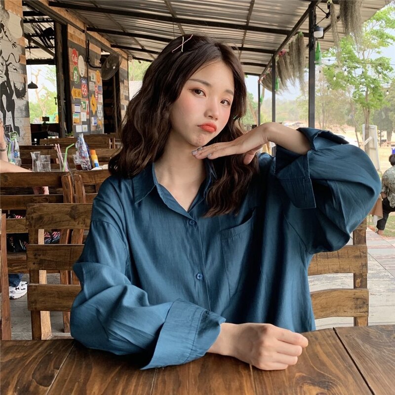 Kvinder skjorter og bluser feminin bluse top langærmet afslappet hvid turn-down krave street style kvinders løse bluser