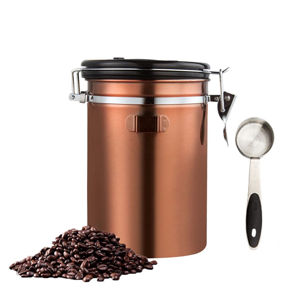 1.8l rustfri stålbeholderbeholder lufttæt kaffekrukke med måleske til ristede kaffebønner te nødder: Guld