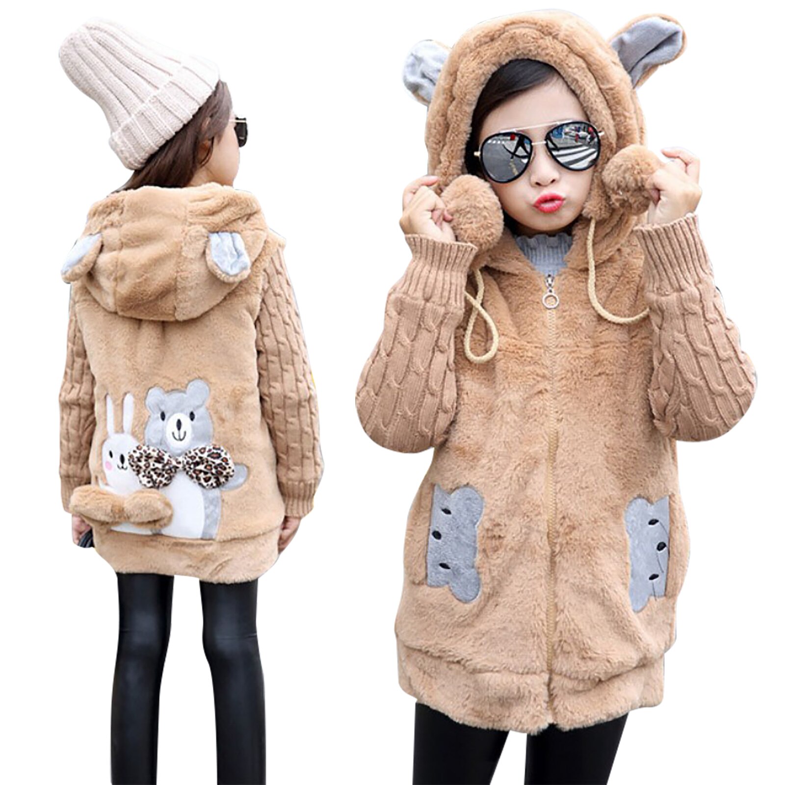 Manteau en fausse fourrure pour enfants, hiver, manteau ours de dessin animé, veste à capuche, combinaison de neige chaude, manteau rembourré en coton, vêtements d&#39;extérieur pour enfants: Khaki / 110