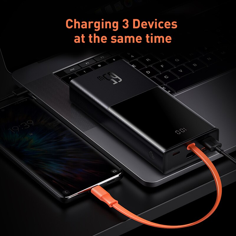 Baseus 65w power bank 20000mah com tipo c two-way cabo bateria externa para o telefone e notebook, três-port de carregamento rápido