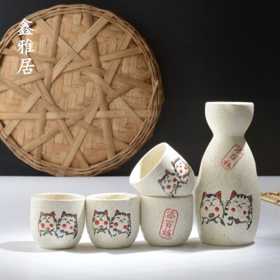 Set van 5 keramische sake potten, kannen, sterke drank, sterke drank, japanse bar, wijnset met bloementekstpatroon: J