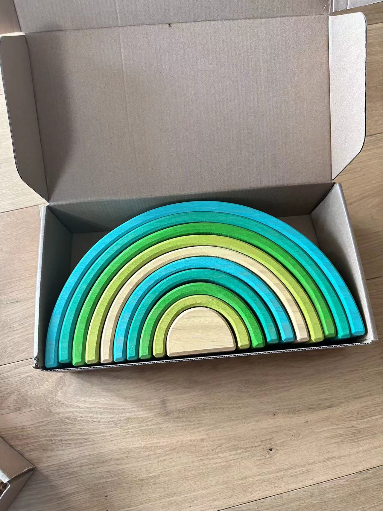 Duże drewniane tęczowe klocki drewniane kulki płyty figurki tęczowe bloki do układania w stosy Montessori miękkie ciepłe kolory klocki: rainbow box