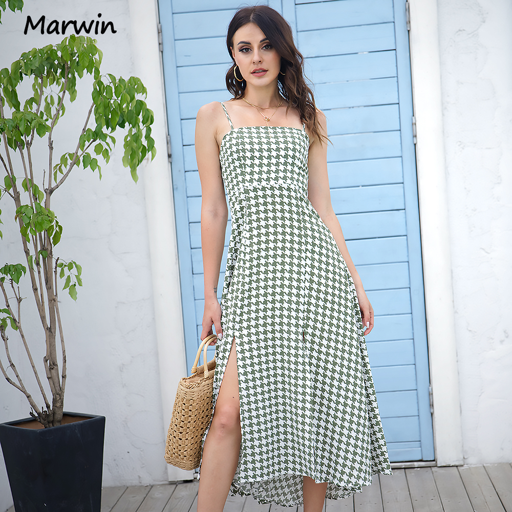 Marwin Summer Spaghetti Strap Long Women Houndtooth Printing High Street Hoilday Style Women Dresses