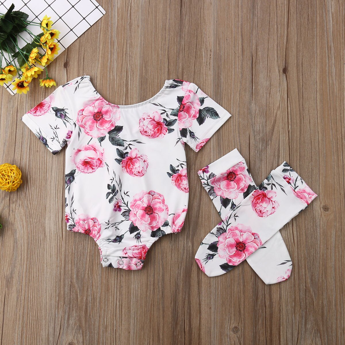 Brand Newborn Infant Kids Baby Girl Boy Clothes Sets Bodysuits 2PCS Short Sleeve Floral Print Jumpsuits+Long Stockings