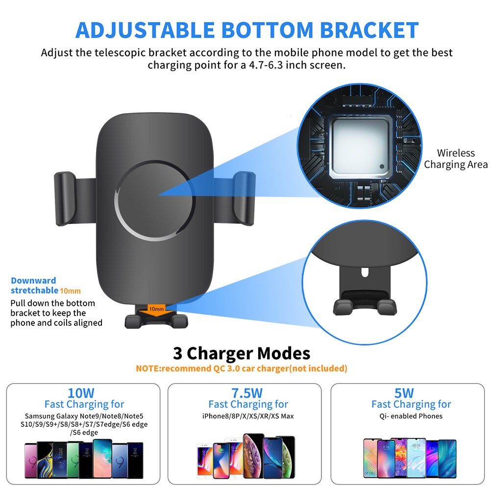 Soporte FDGAO para coche, cargador inalámbrico Qi para iPhone 11 X XR XS MAX 8 10W, carga rápida para Samsung S9 S10 Note 9 en soporte de teléfono para coche