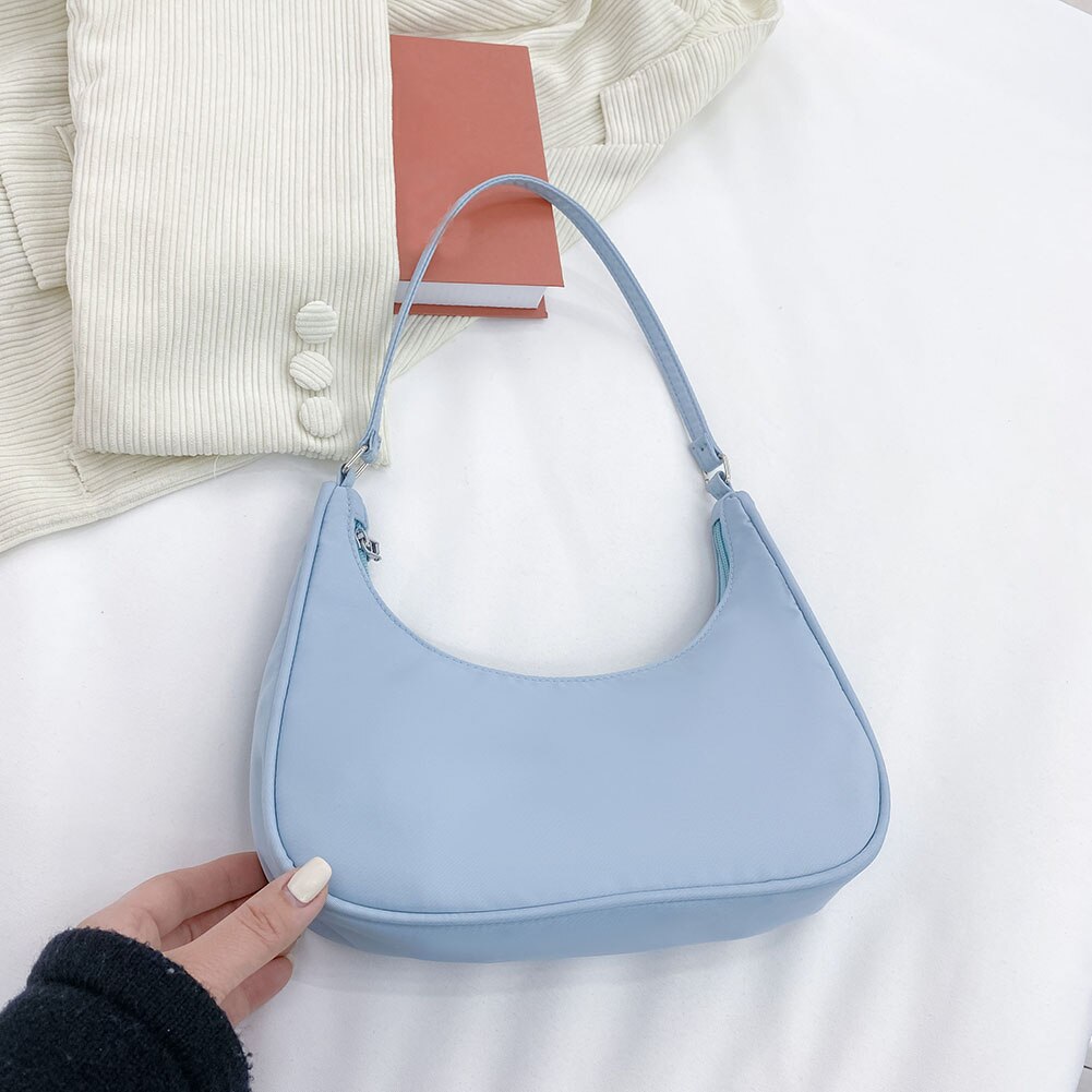 Mode Vrouwen Pure Kleur Schouder Onderarm Zwervers Zakken Casual Dames Rits Kleine Portemonnee Top-Handvat Handtas Voor Vrouwen trend: Blauw