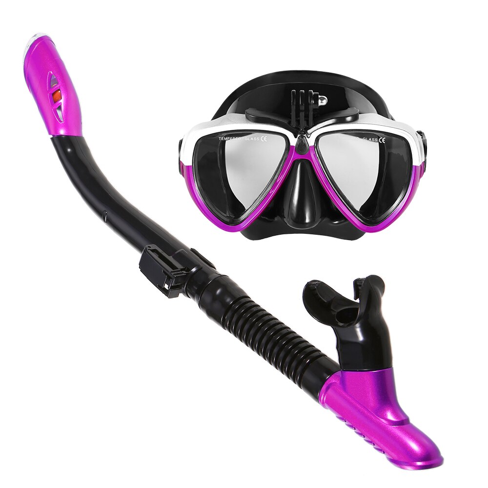 Lixada dykmask scuba snorkel simglasögon torr snorkel tub set män kvinnor anti-dimma dykglasögon för kamera: Lila