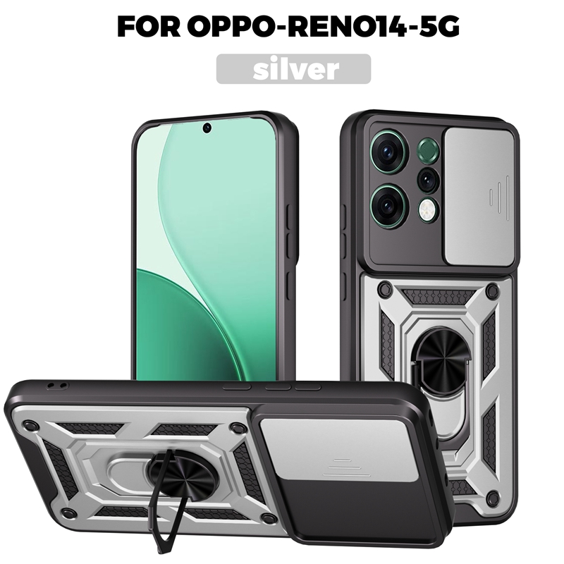 Funda protectora de anillo magnético Armor para OPPO Reno 14 Pro 14F 5G, Funda protectora de lente deslizante para Reno14 Reno14F: ABS / Rosa púrpura