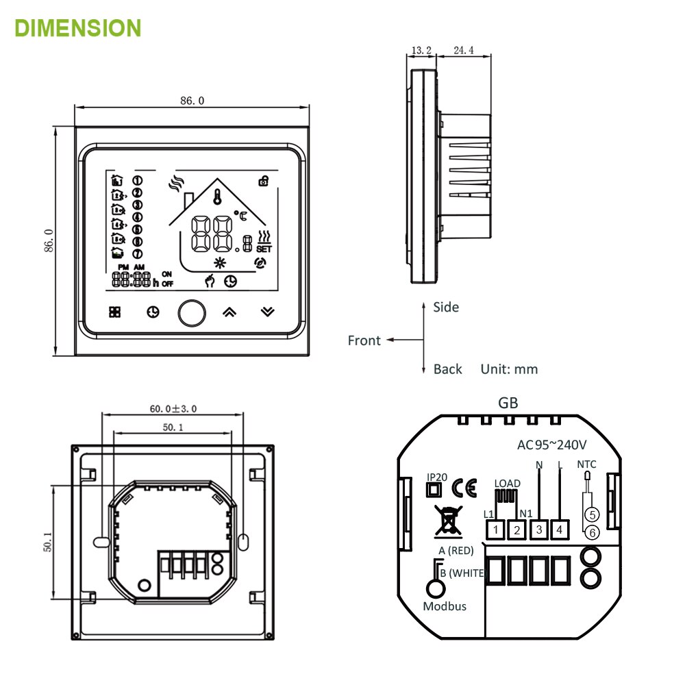 Termostat modbus kommunikation 16a elvärme termostat lcd touch ntc sensor programmerbar rumstemperaturregulator