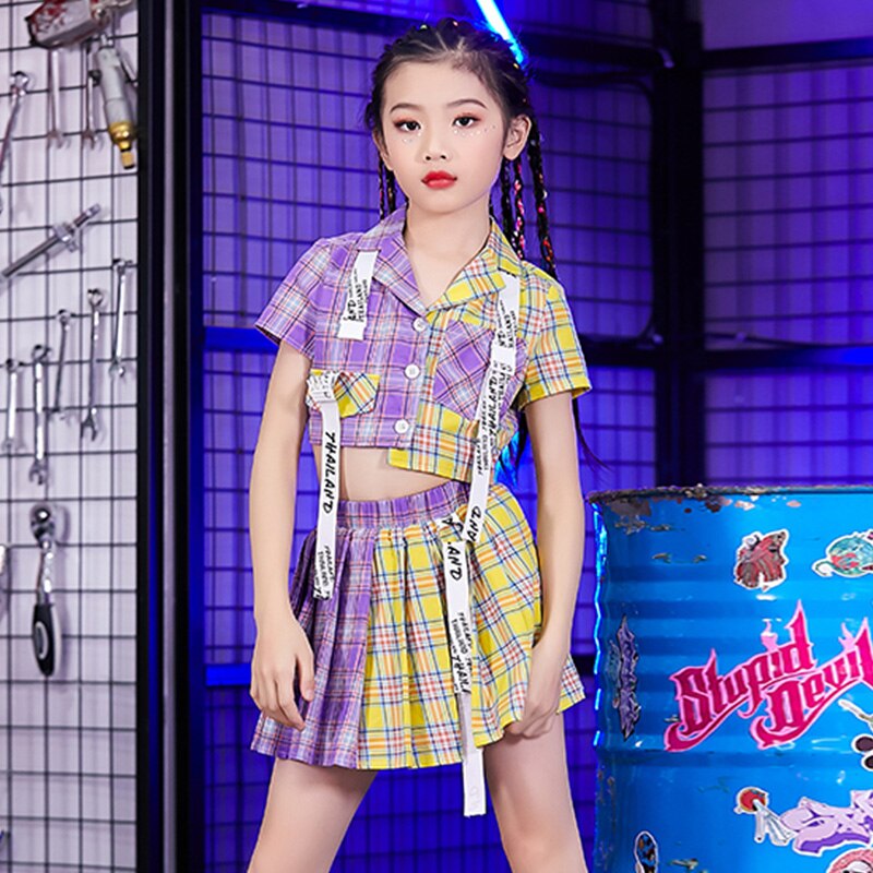 Nuevas chicas baile de Hip Hop trajes Jazz ropa de niños de a cuadros de manga corta Top falda de animadora funcionamiento DNV13214: 140cm