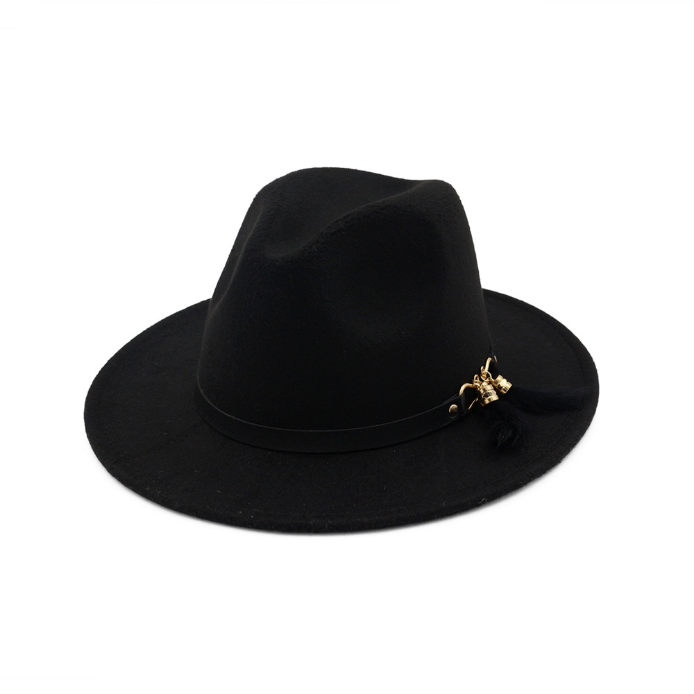 HanXi Winter Women Hat Wool Fedoras Felt Hat Lady Classical Flat Brim Cap PU Leather Band Metal Buckle: black