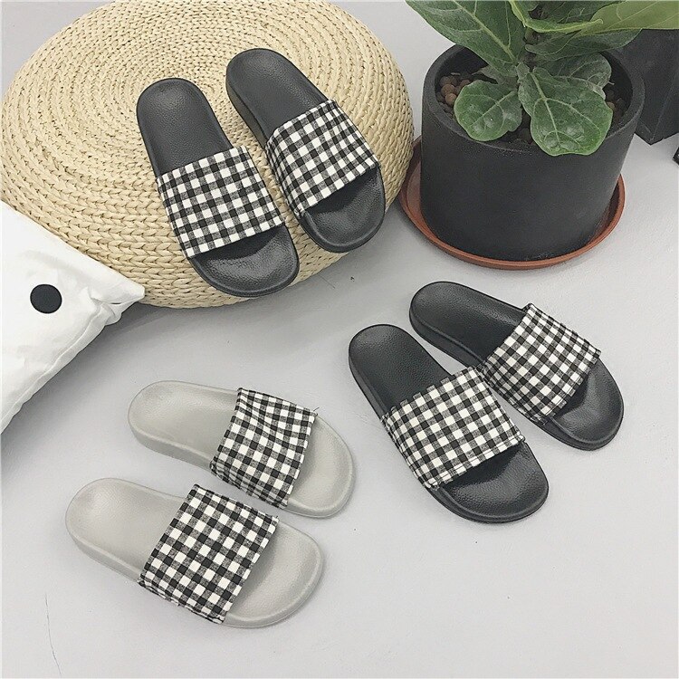 Slippers Women Summer Cotton Fabric Checkered Shoes Slip On Flat Sandals Slides Sandalias m555