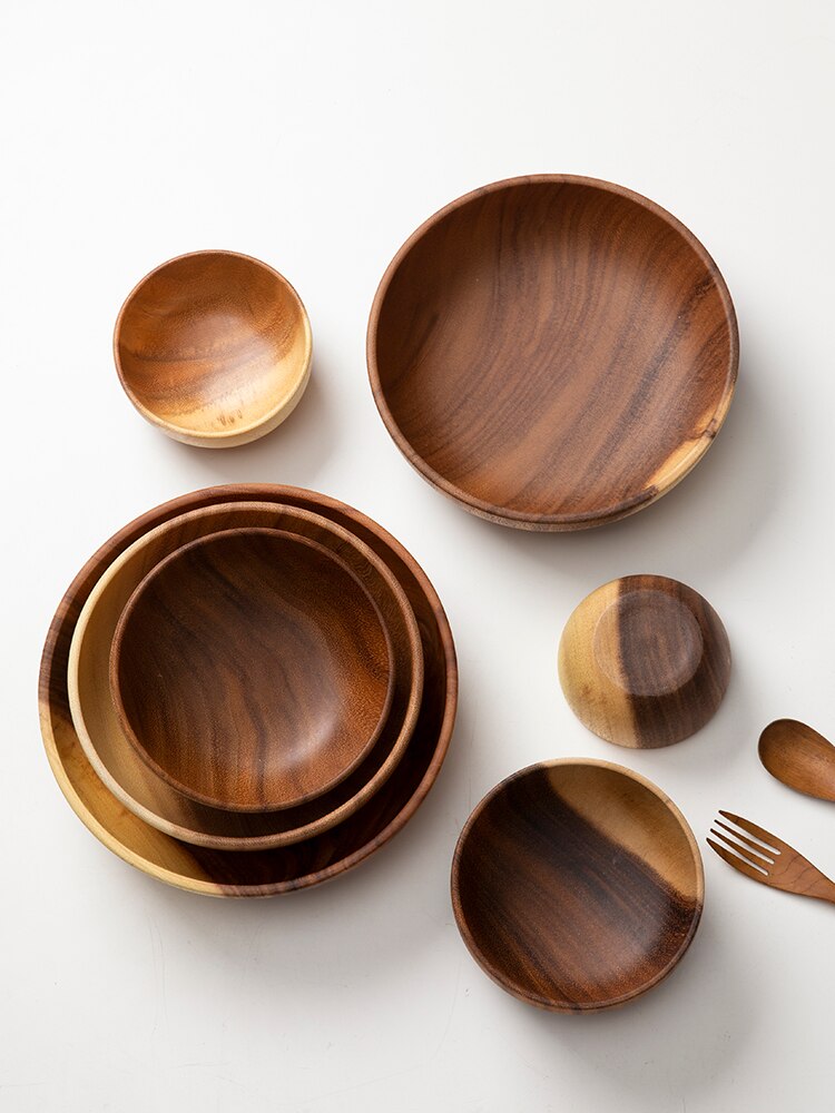Cuenco de madera hecho a mano de estilo japonés, utensilios de cocina de madera de Acacia, tazón de Ramen para sopa, batidos, utensilio de cocina