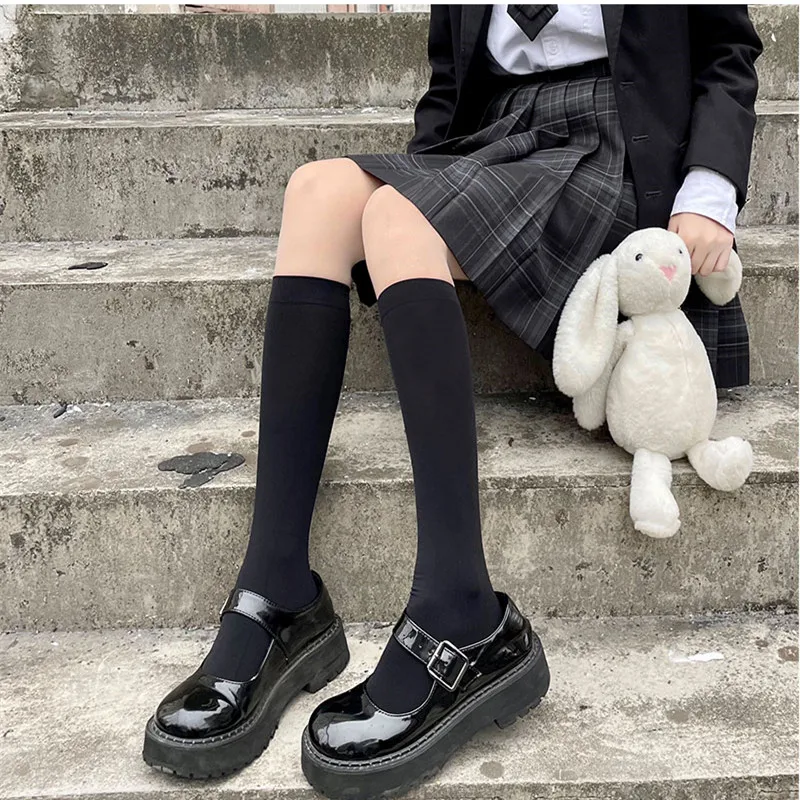 Meias altas para o joelho, monocromáticas, pretas, brancas, estilo japonês, meias de escola, coxa alta, lolita, kawaii, fofas, longas, JK