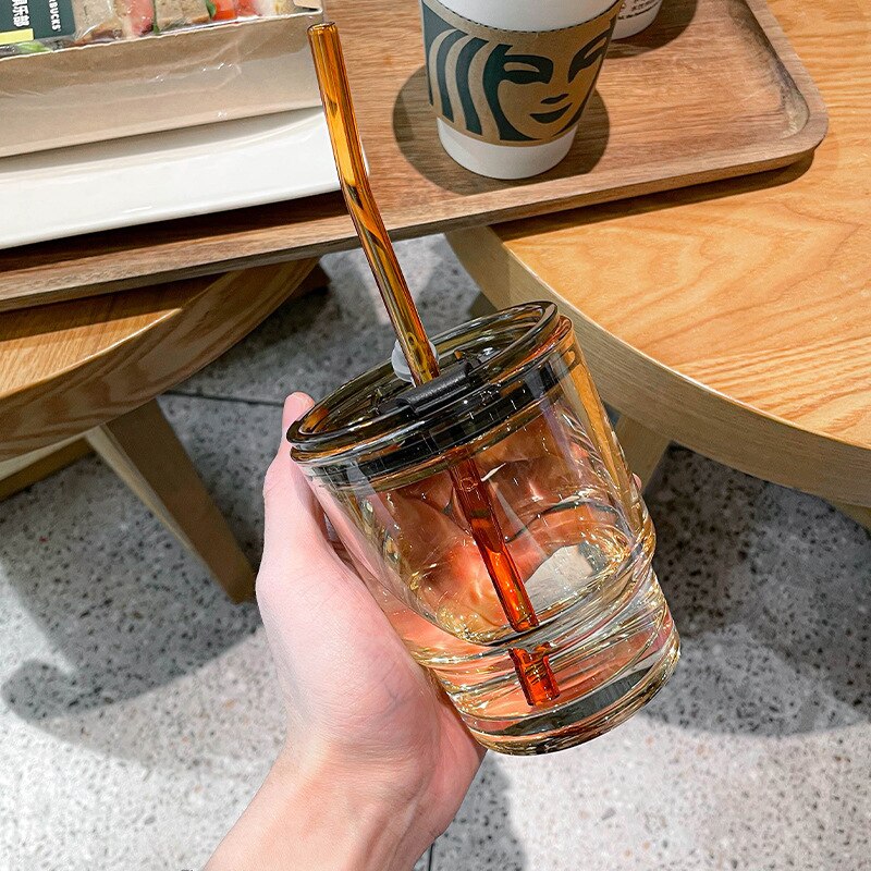 Coffee Cup High-grade Exquisite Glass Water Cup High Color Straw Cold Extraction Cup Ins Style Feeling Double Mouth Cup: Tawny 350ml