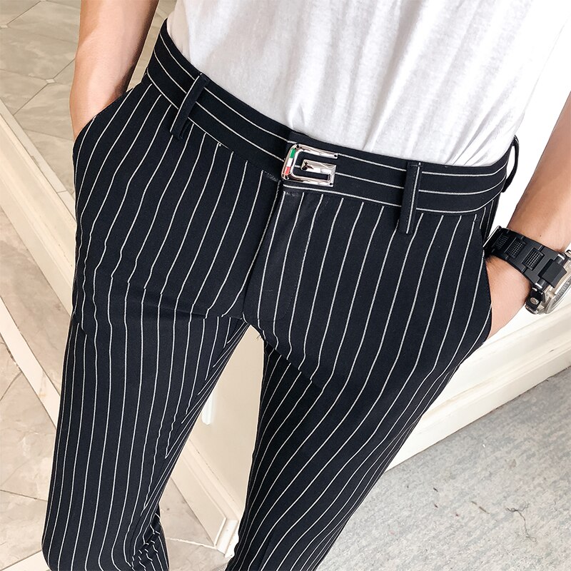 Miesten vapaa-ajan housut raidalliset miehet ohuet housut nilkkapituiset puvut housut ohut mekko miesten vaatteet pantalon homme