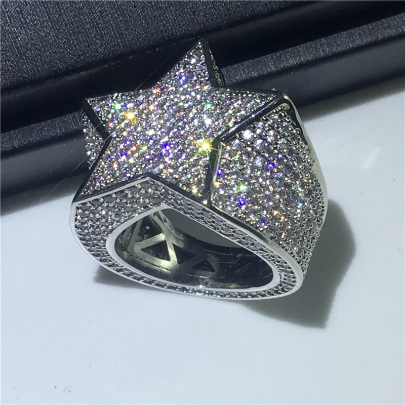Bague hip-hop pour homme, grande étoile, pavée de 500 zircons aaaaaa, alliance de fiançailles pour homme, bijoux rock glacés