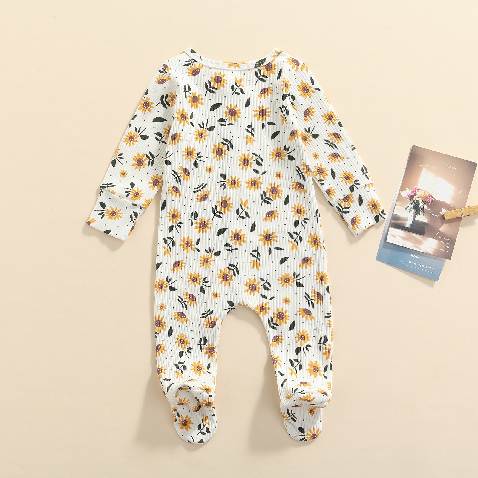 Citgeett Lente Pasgeboren Baby Meisjes Jongens Bloemenprint Footies Romper Lange Mouw Geribbelde Jumpsuit Vallen Kleren