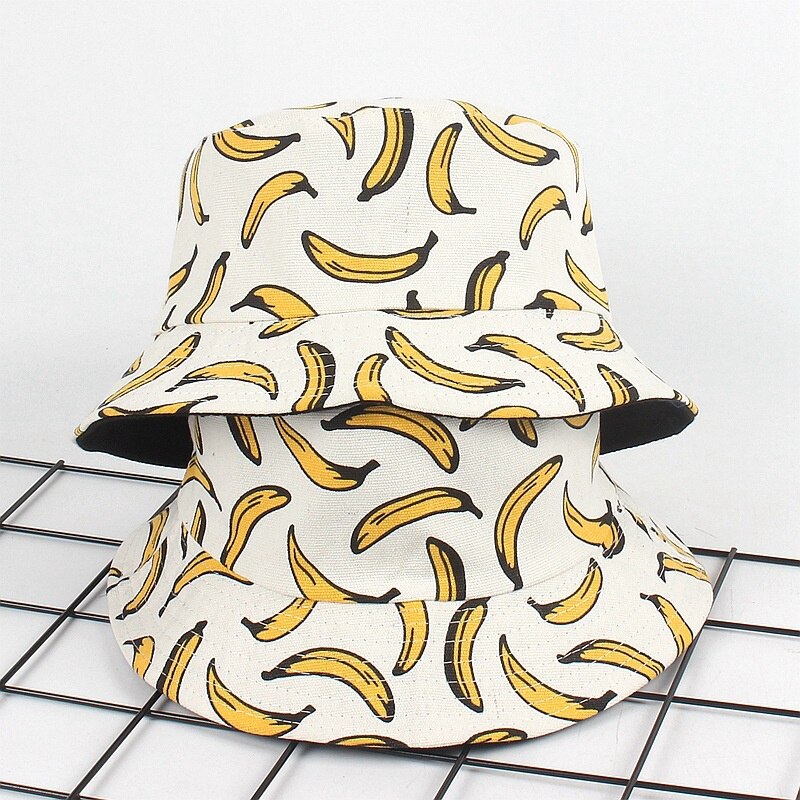 Sommar utomhus hink hatt unisex sommar hink keps banan tryck fiske fiskare hatt casual platta hattar vit