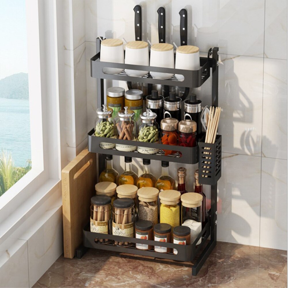 Multifunction Spice Rack Organizer 3-Tier Utensil Holder Freestanding Shelf Organizer for Jars Bottles Cutlery Chopping Board