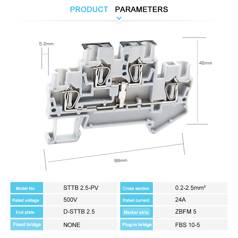 STTB 2.5-PV Double Level Terminal Block Equipotential Bonding 2.5mm² Spring-cage DIN Rail Connector Electric STTB2.5-PV