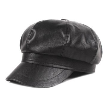 SILOQIN Lady Brands Cap Autumn Winter Women's Hats PU Faux Leather Newsboy Caps Snapback Hat Female Student Hat: black
