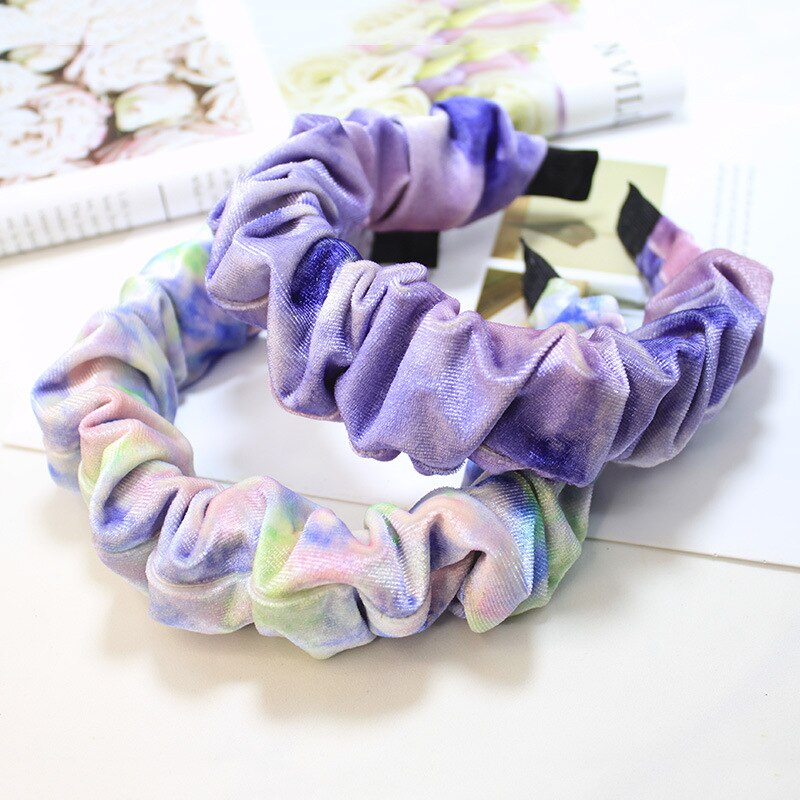 Tie Dye Korean Style Women Girls Bezel Hair Band Headband Hairhoop Velvet Vintage Folds Hair Accessories Headwear