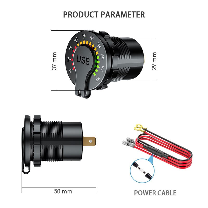 QC3.0 Dual Usb 12-24V Autolader Sigaret Oplader Met Led Steamlight Voltmeter Waterdichte 2 Poorten Voedingscontact aan/Uit Schakelaar