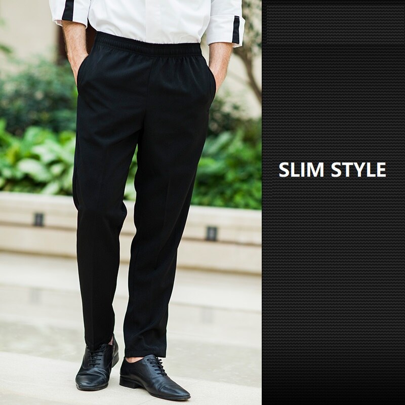 Comfortable cheap elastic waist band black chef pants unisex restaurant uniforms pants catering cook pants: slim style / L