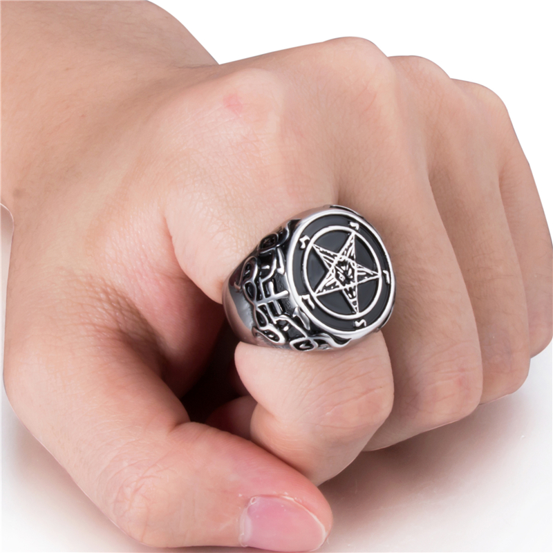 Elfasio Heren Rvs Ring Baphomet Geit Pentagram Satanisch Leviathan Cross Demon Ster Biker Sieraden Maat 7-15