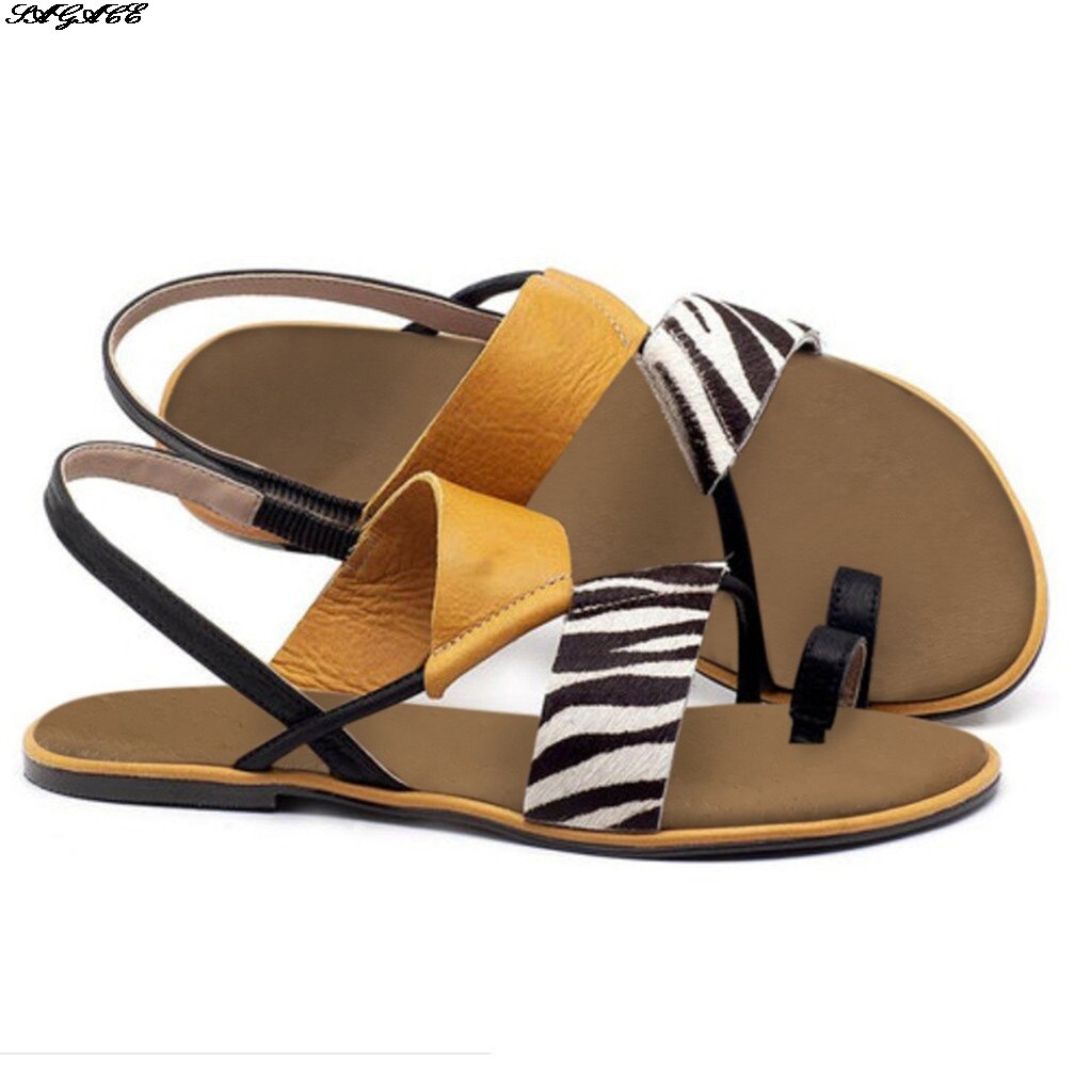SAGACE sandalias de las señoras patrón de cebra verano tacones planos sandalias casuales para playa sandalias de las mujeres de impresión clip dedos sandalias