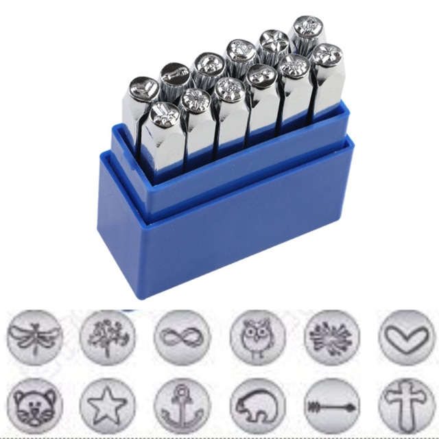 Constellations Theme Matte Diy Metal Stamp Punches 12pcs Set with Tool Case for Jewelry Leather Wood Stamping work Craft: heart